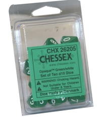 Opaque Green w/White Set of 10 d10 Dice (CHX26205)