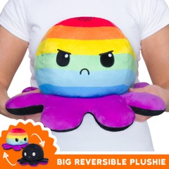 Big Reversible Octopus Plushie: Happy Black Sparkle and Angry Rainbow Stripes