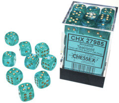 CHX 27985 Borealis: 12mm d6 Teal/gold Luminary Dice Block (36 dice)