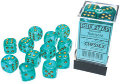 CHX 27785 Borealis: 16mm d6 Teal/gold Luminary Dice Block (12 dice)