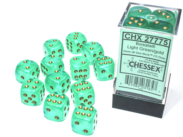 12 Borealis Light Green/Gold Luminary 16mm D6 Dice Block - CHX27775