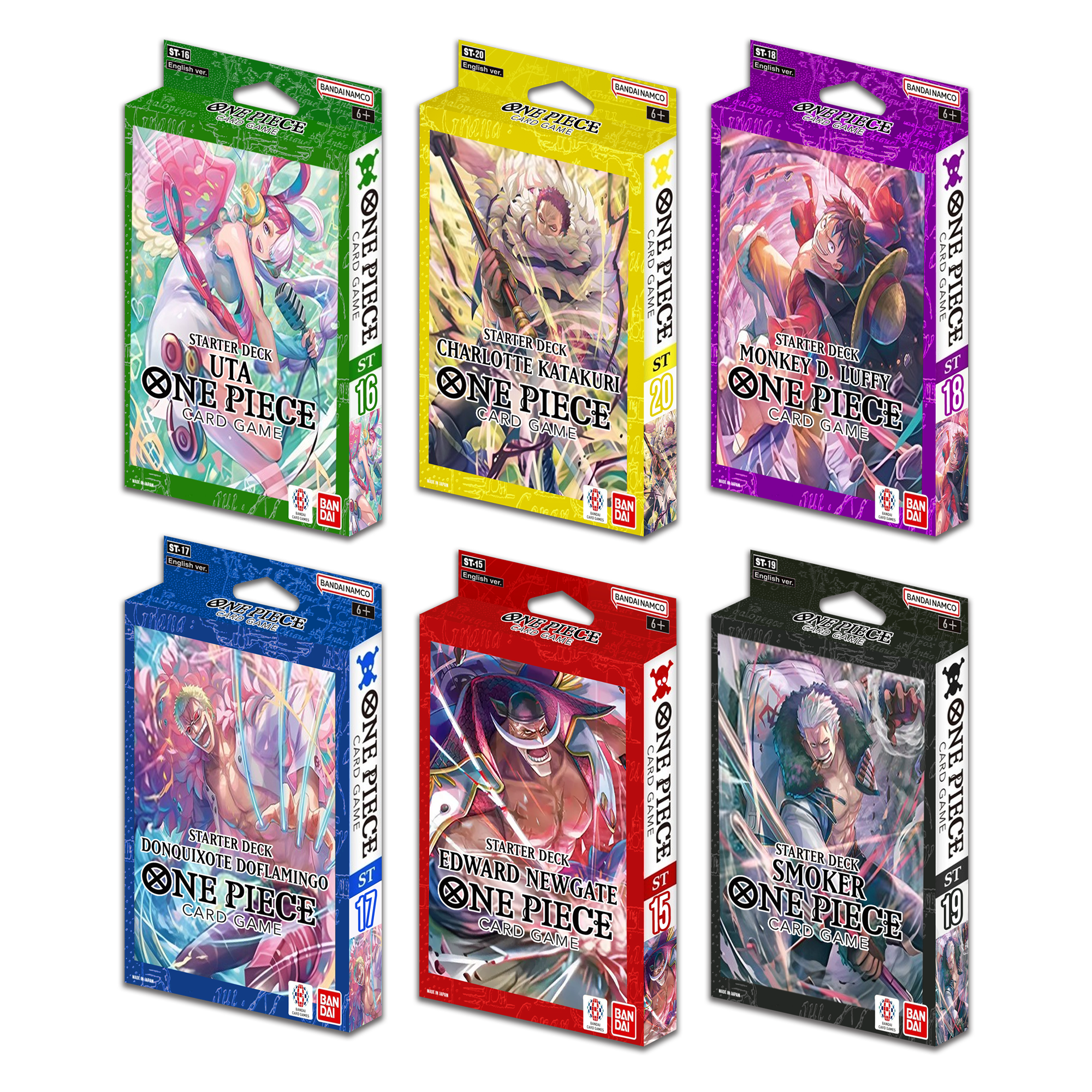 One Piece TCG: Starter Deck Bundle 15-20 Newgate Uta Doflamingo Luffy Smoker Katakuri