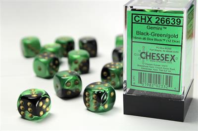 12 Black-Green w/gold Gemini 16mm Dice Block - CHX26639