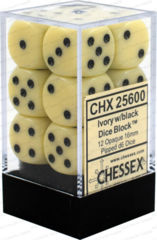 12 Ivory w/black 16mm D6 Dice Block - CHX25600