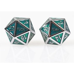 Fuck Yeah Set of 2 D20 Metal Dice - Guardian Silver Viridity