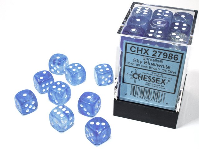 Chessex 36 Dice Cube: Borealis Luminary Sky/White