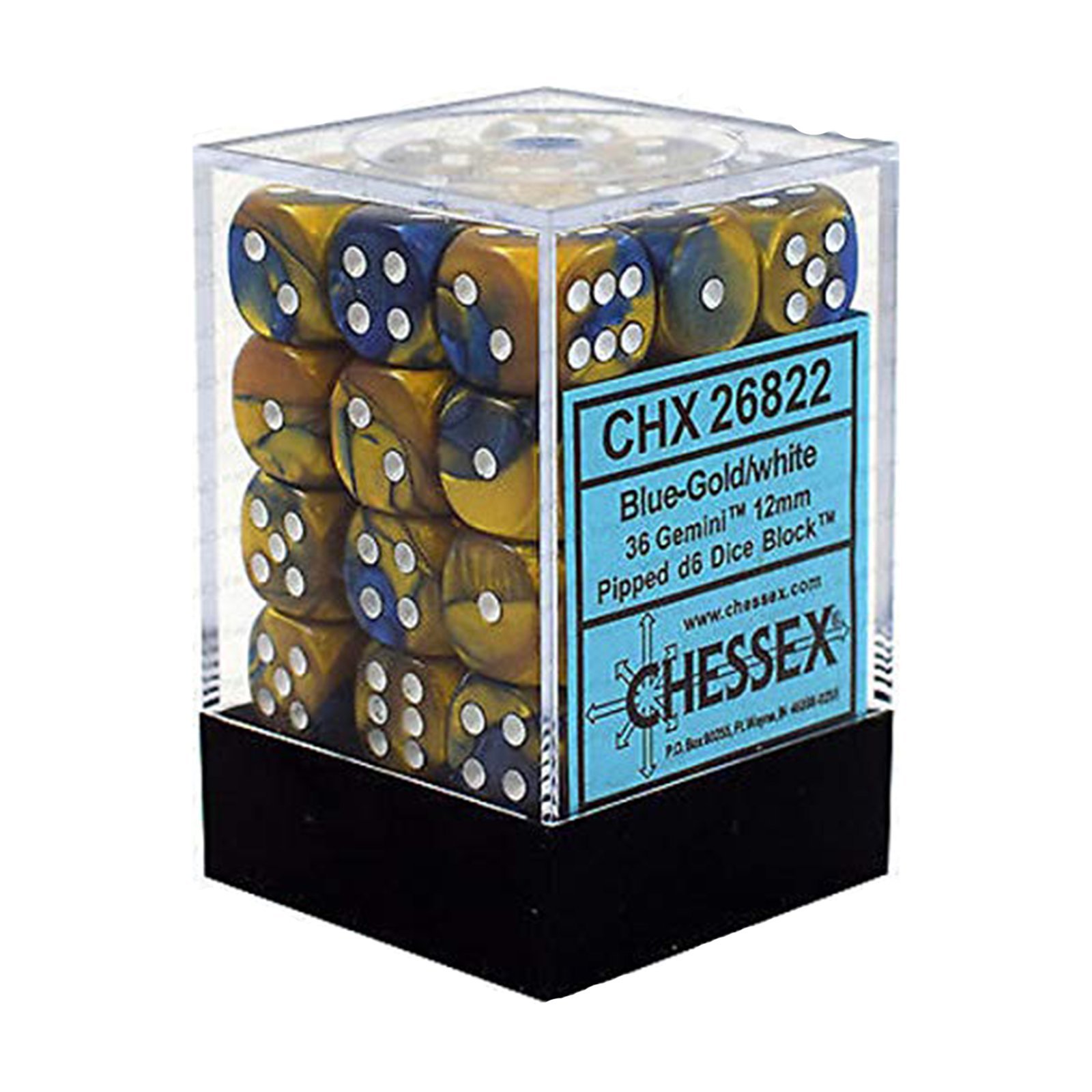 36 Blue-Gold w/white Gemini 12mm Pipped d6 Dice Block CHX26822