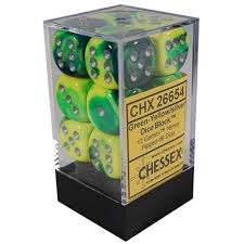 12 Green-Yellow w/silver Gemini 16mm d6 Dice Block - CHX26654