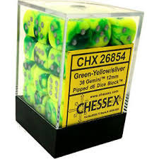 36 Green-Yellow/silver Gemini 12mm D6 Dice Block - CHX26854