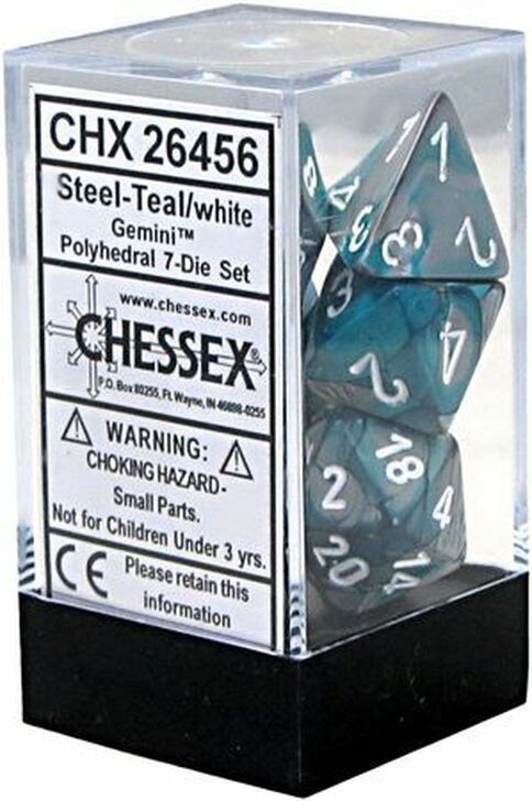 7 Steel-Teal w/white Gemini Polyhedral Dice Set - CHX26456
