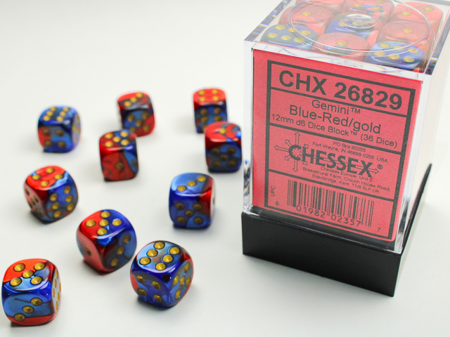 Gemini Blue-Red/gold 12mm d6 Dice Block (36 dice) - CHX26829