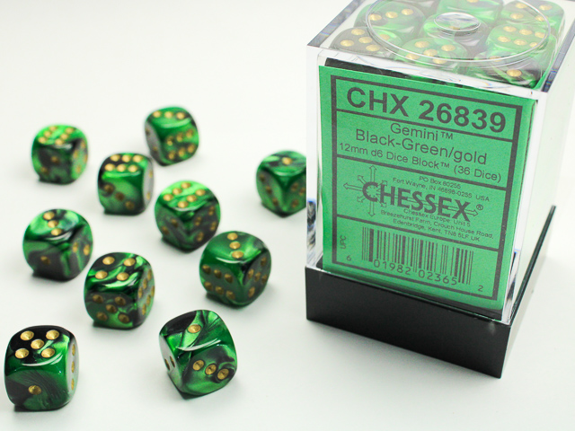 Gemini Black-Green/gold 12mm d6 Dice Block (36 dice) - CHX26839