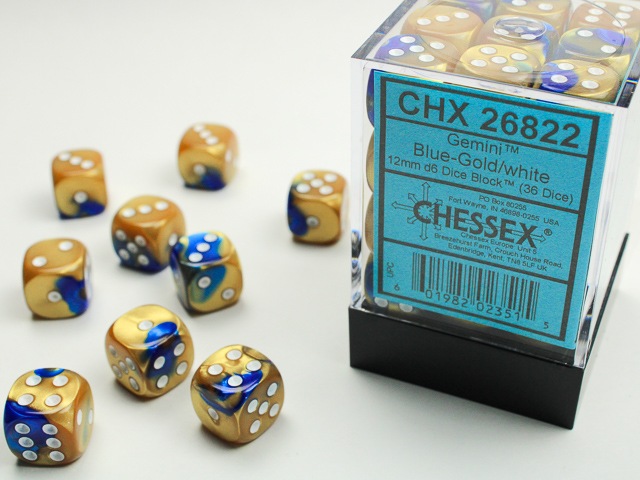 Gemini Blue-Gold/white 12mm d6 Dice Block (36 dice) - CHX26822