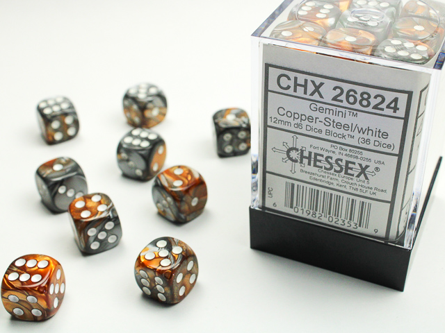 Gemini Copper-Steel/white 12mm d6 Dice Block (36 dice) - CHX26824