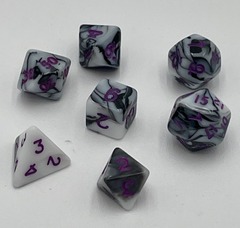 TEG - 7 Black & White w/ Purple Marbled Mini Polyhedral Dice