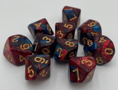 TEG - 10 Blue & Red w/ Gold Marbled D10 Dice