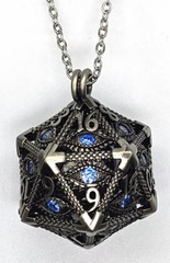 TEG - Pewter w/ Sapphire Eye D20 Locket Necklace w/ Mini Metal Polyhedral Dice