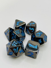 TEG - 7 Gunmetal w/ Blue Glitter Dragonscale Metal Polyhedral Dice