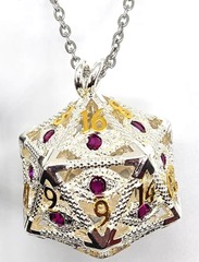 TEG - White Gold w/ Ruby Eye D20 Locket Necklace w/ Mini Metal Polyhedral Dice