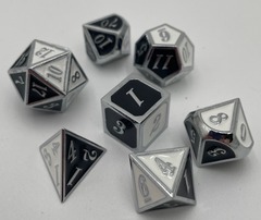 TEG - 7 Black & White w/ Silver Metal Classic Polyhedral Dice