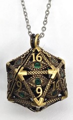 TEG - Brass w/ Emerald Eye D20 Locket Necklace w/ Mini Metal Polyhedral Dice