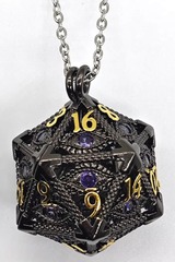 TEG - Black w/ Gold & Amethyst Eye D20 Locket Necklace w/ Mini Metal Polyhedral Dice