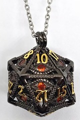 TEG - Black w/ Gold & Ruby Eye D20 Locket Necklace w/ Mini Metal Polyhedral Dice