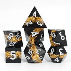 TEG - 7 Black & Gold w/ Silver Glitter Polyhedral Dice