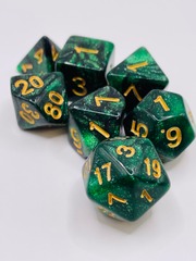 TEG - 7 Black & Green w/ Gold Galaxy Polyhedral Dice