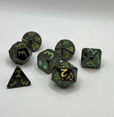TEG - 7 Gunmetal w/ Gold Glitter Dragonscale Metal Polyhedral Dice
