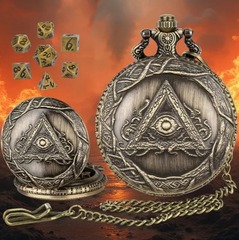 TEG - Bronze All-Seeing Eye Pocket Watch Keychain w/ Mini Polyhedral Set