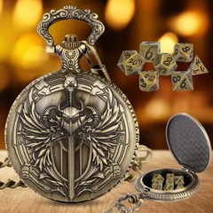 TEG - Bronze Coat of Arms Pocket Watch Keychain w/ Mini Polyhedral Set