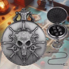 TEG - Nickel Skull Pocket Watch Keychain w/ Mini Polyhedral Set