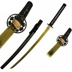 Onikiri SHARP HANDMADE WAKIZASHI & KATANA SAMURAI SWORD w/ Empire Wheel TSUBA Gold