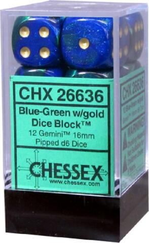 Chessex 26636 12 Blue-Green/Gold Gemini 16mm d6