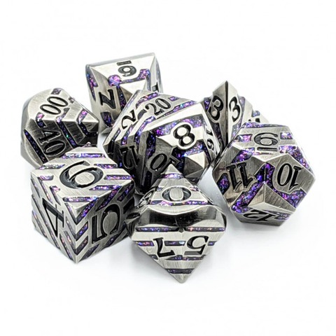 Metal Dice - Striped Silver with Purple Glitter