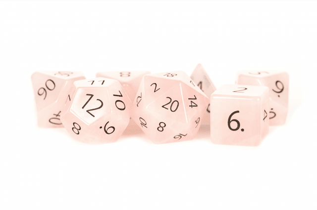 MDG 16mm Polyhedral Dice Set: Engraved Rose Quartz
