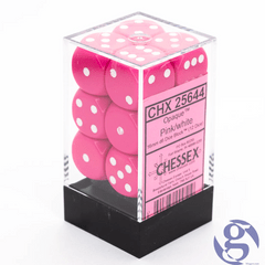 12 Opaque Pink w/ White 16mm D6 Dice - CHX25644