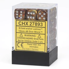 CHESSEX - LUSTROUS 36D6 GOLD/SILVER 12MM