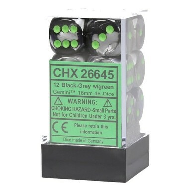 CHESSEX - GEMINI 12D6 BLACK-GREY/GREEN 16MM