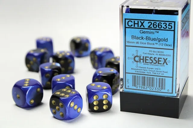 CHESSEX - GEMINI 36D6 BLACK-BLUE/GOLD 12MM