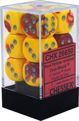 CHESSEX - GEMINI 12D6 RED-YELLOW/SILVER 16MM