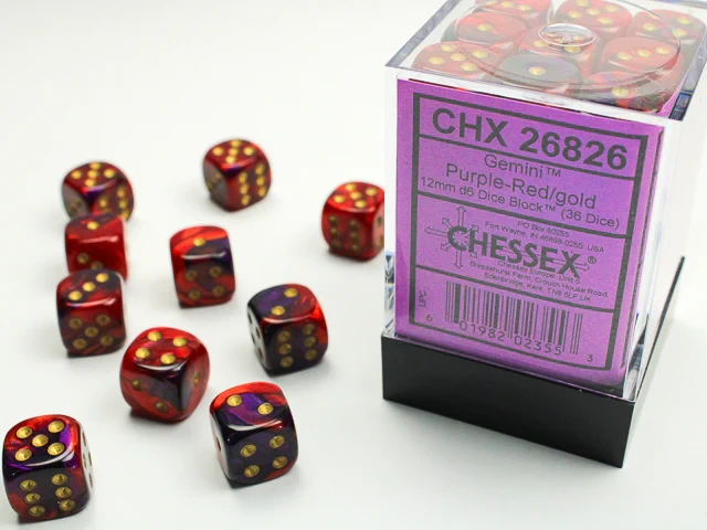 CHESSEX - GEMINI 36D6 PURPLE-RED/GOLD 12MM