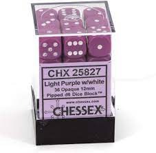 Chessex Dice Block 36ct 12mm D6 - Opaque Light Purple with White Pips - CHX25827