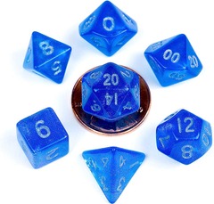 7 COUNT MINI DICE POLY SET: STARDUST BLUE W/ SILVER NUMBERS