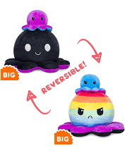 BIG Reversible Octopus Plushie Happy Black Sparkle and Angry Rainbow Stripes