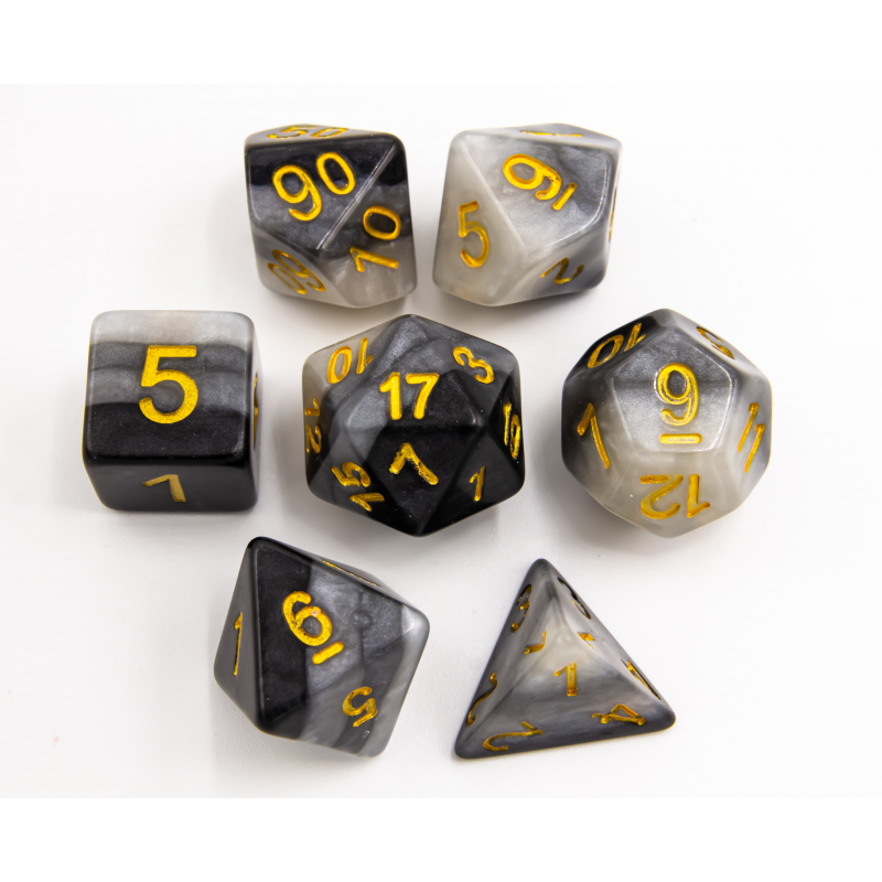 Gray Set of 7 Multilayer Polyhedral Dice with Gold Numbers for D20 based RPGs
