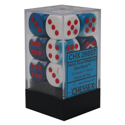 Chessex 16mm Dice Block: Gemini Astral Blue-White w/ Red (12)