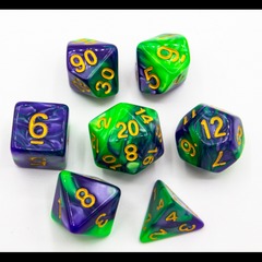 Green/Purple Set of 7 Fusion Polyhedral Dice with Gold Numbers for D20 based RPG's