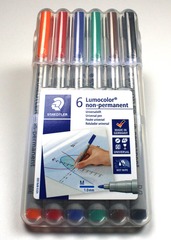 6 wet erase markers: orange, red, blue, green, brown, black